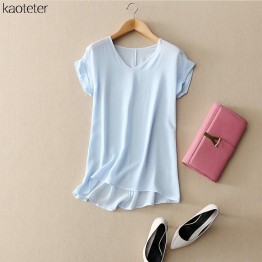 100% Pure Silk Women's Blouses Femme Casual Blouse Women Solid Blusa Female Short Sleeve Woman Tee Tops Shirts Patchwork