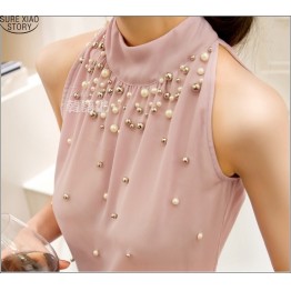 2015 New Women Beading Chiffon Blouse Korean Fashion Sleeveless Women Turtleneck Chiffon Blouse Shirt Women Top S M L XL835I 42
