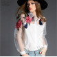 2015 new spring and summer blouse blusa embroidered flowers organza long-sleeved white shirt Black and white women tops 606B 28
