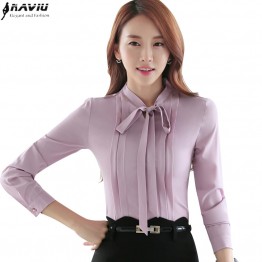 2016 Autumn OL elegant bow slim shirt women's long sleeve Formal chiffon blouse office ladies plus size fashion tops work wear