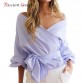 2016 Autumn Women Sexy Fashion Blouse V Neck Puff Sleeve Cross Bandage Bow Tie Sashes Off Shoulder Blouses Shirts Ladies Tops