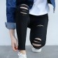 2016 Cotton High Elastic Imitate Jeans Woman Knee Skinny Pencil Pants Slim Ripped Boyfriend Jeans For Women Black Ripped Jeans