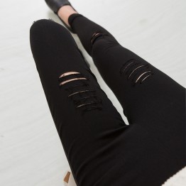 2016 Cotton High Elastic Imitate Jeans Woman Knee Skinny Pencil Pants Slim Ripped  Jeans For Women Black Ripped Jeans XXXL JN079
