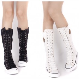 2016 New Fashion 7Colors Women's Canvas Boots Lace Zip Knee High Boots Women Motorcycle Boots Flats Casual Tall Punk Shoes C114