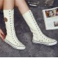 2016 New Fashion 7Colors Women&#39;s Canvas Boots Lace Zip Knee High Boots Women Motorcycle Boots Flats Casual Tall Punk Shoes C11432729969472