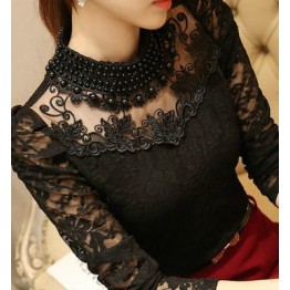 2016 New fashion Plus size Women's Shirts Stand Pearl Collar Lace Crochet Blouse Shirts long sleeve sexy tops Women clothing 3XL