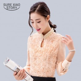 2016 New fashion Women  long sleeved Casual Chiffon blouse Sexy Flower pure elegant stand lace Tops  160E15