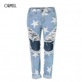 2016 Summer Fashion Style Big Hole Jeans For Women With Star Ripped Jeans Light Blue Denim Pants Boyfriend Jeans For Women