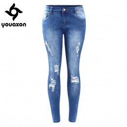2016 Youaxon Plus Size Ripped Fading Jeans Women`s True Denim Skinny Distressed Jeans For Women Jean Pencil Pants Free Shipping