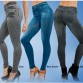 2016 hot selling women's printed slim high elastic jeggings fake jeans girls leggings with 2 pockets causal fasion leggins