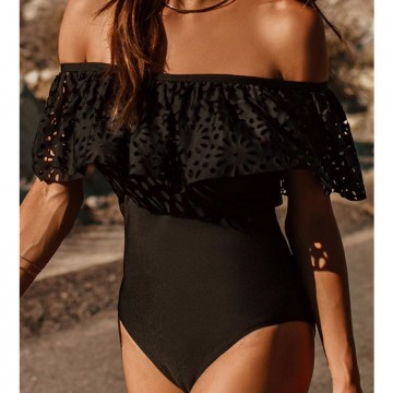 2017 Black Lace Flounce Off Shoulder Swimsuit Women Sexy Bodysuit Monokini Swimwear One Piece Swimsuit32795747359