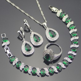 2017 Hot Sale 925 Sterling Silver Green Drop Luxury CZ Jewelry Sets For Women  Bracelets/Earrings/Pendant/Necklace/Rings