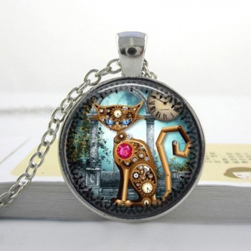 2017 Hot Sale Collares Collier Maxi Necklace Steampunk For Cat Necklace New Fashion Glass Photo Vintage Pendant Clock Jewelry 
