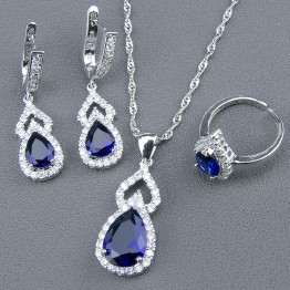 2017 Hot Sale Heart Blue Cubic Zircon White Stones 925 Sterling Silver Jewelry Sets For Women Pendant/Necklace/Earrings/Rings