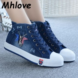 2017 New Arrival Women Shoes Fashion Comfortable denim Casual Women's Shoes Blue High Top Canvas Shoes Woman Flat with