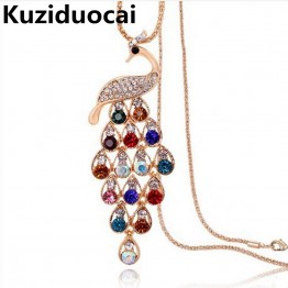 2017 New !! Fashion Fine Jewelry Super Dazzling Gold Color Rhinestone Colorful Peacock Long Necklace & Pendants For Women N-114