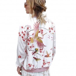2017 New Fashion Women Bomber Jacket Floral Birds Printed Jaqueta Feminina Stand Collar Long Sleeve Casual Female Baseball Coat