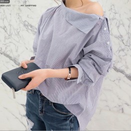 2017 New Spring Summer Fashion Women Shirts Batwing Full Sleeve Striped Loose Oblique Collar Blouse Shirt Top Blue 1269