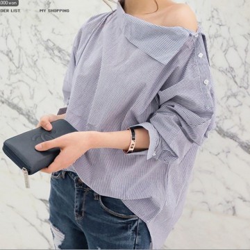 2017 New Spring Summer Fashion Women Shirts Batwing Full Sleeve Striped Loose Oblique Collar Blouse Shirt Top Blue 126932628795774