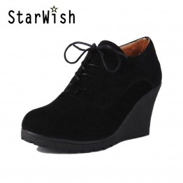 2017 New Wedges Boots Fashion Flock Women's High-heeled Platform Wedges Ankle Boots Lace Up High Heels Wedges Shoes For Women