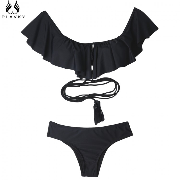 2017 Sexy Off Shoulder Ruffled Bandeau Thong Biquini Strappy Swimsuit ...