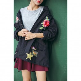 2017 Spring Black Oversized Coat Ethnic Vintage Embroidery Jacket Women Basic Coats Outwear Jaqueta Feminina Chaquetas Mujer
