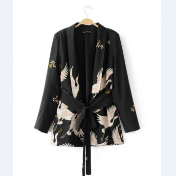 2017 Women Fashion Vintage Retro Loose Jacket Animal Crane Print Kimono Suit jacket Brand sashes Outwear Coat Tops CT002