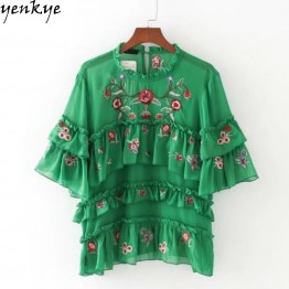 2017 Women Laminated Floral Embroidery Blouse Flare Sleeve Stand Collar White Green Chiffon Blouse Brand Summer Tops Plus Size  