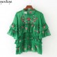 2017 Women Laminated Floral Embroidery Blouse Flare Sleeve Stand Collar White Green Chiffon Blouse Brand Summer Tops Plus Size  