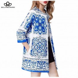 2017 spring Blue And White Porcelain floral jacquard long jacket women coat