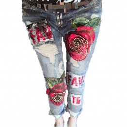 3D Boyfriend Jeans Denim Sequins Beading Pencil Jeans Women Club Style Street Holes Ripped Jeans femme 2017 New Fashion