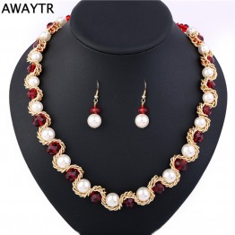 AWAYTR 2017 Elegant Women Crystal Pearl Jewelry Set New Costume Simulated-pearl Necklace Earrings Jewelry Sets For Wedding Gift
