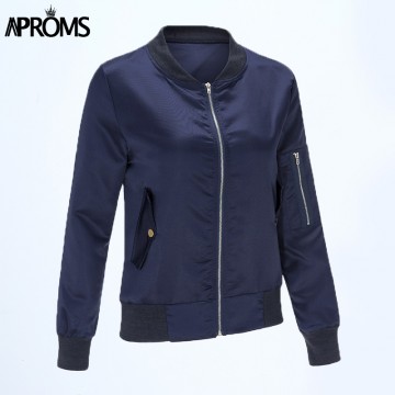 Aproms Winter Ladies Zipper Basic Coats 2017 Fashion Women Black Blue bomber jacket Long Sleeve Casual Slim Coat chaquetas32748341170