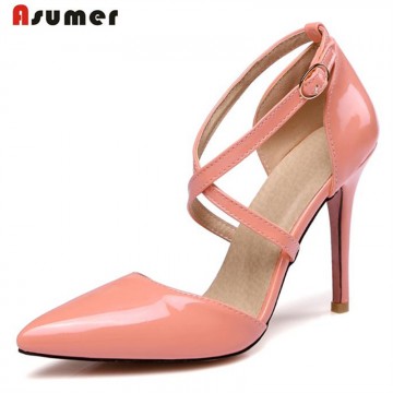 Asumer 2017 Summer shoes high heels pointed toe buckle party shoes pumps big size 31-47 solid pu fashion elegant shalllow women32790325217