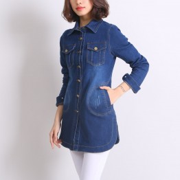 Autumn Women Dark Blue Long Denim Jacket Breasted Closure Side Slit Korean Style Fashion Loose Casual Coat
