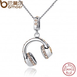 BAMOER 2017 New 925 Sterling Silver Lovely Musical Headset Pendants Necklace Women Statement Jewelry CC036