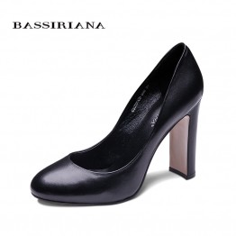 BASSIRIANA pumps 2016 high heels shoes woman Genuine leather Big size 35-40 Round toe Balck and Brown colors Free shipping