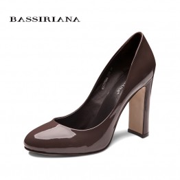 BASSIRIANA pumps 2016 high heels shoes woman Genuine leather Big size 35-40 Round toe Balck and Brown colors Free shipping