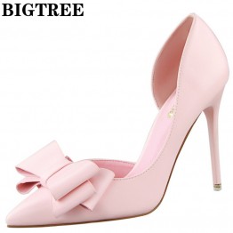 BIGTREE Elegant D'Orsay High Heel Shoes Slip On Party Shoes 10.5CM Thin Heels With Bowtie Fashion Point Toe Women Pumps DS3168-2