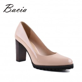 Bacia Square Heel pumps Genuine Leather Shoes For Women Luxury Quality Heels Round Toe Slip On Bridal Shoes Russion Size VA003