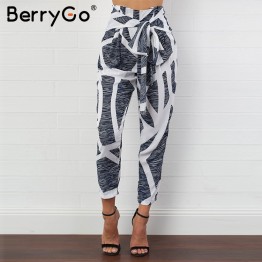 BerryGo Chiffon print bow tie harem pants Women summer casual high waist pants Female zipper pleated loose trousers bottoms new