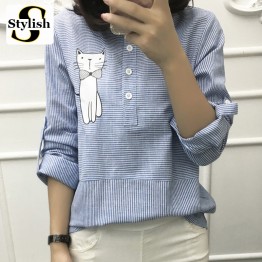 Blouse Shirt Female Cotton Linen 2017 New Summer Stripe Sweet Cartoon Cat Embroidery Shirts Women Tops Ladies Clothing