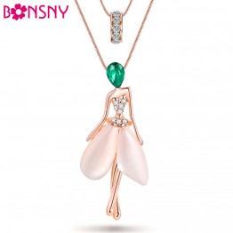 Bonsny angel Fairy necklace opal pendant figure cat eye crystal chain new 2017 zinc alloy girl women fashion jewelry accessories
