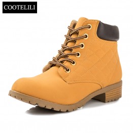 Brand Fashion Women Ankle Boots Heels Lace up Casual Shoes Woman Oxfords Black Yellow Tooling Boots Leather Plus Size 40 41 42