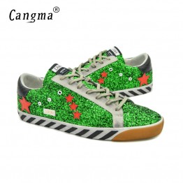 CANGMA Designer Shoes Women High Quality Genuine Leather Sequin Woman Italy Brand Superstar Casual Green Basse Shoes Femme 2017