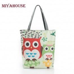 Cartoon Owl Print Casual Tote Lady Canvas Beach Bag Female Handbag Large Capacity Daily Use  Women Single Shoulder Shopping Bags