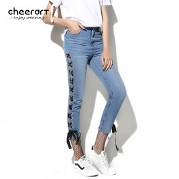Cheerart 2017 Bandage Jeans Woman High Waist Summer Ankle Length Pencil Skinny Denim Jeans With Metal Ring Fashion Women Femme