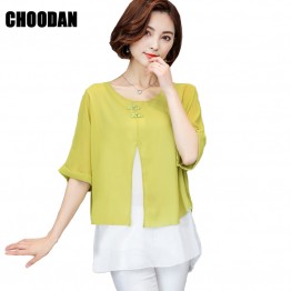 Chiffon Blouse Shirt Women 2017 New Summer Korean Style Short Sleeve Shirts Female Faux Two Piece Ladies Tops Plus Size Clothing