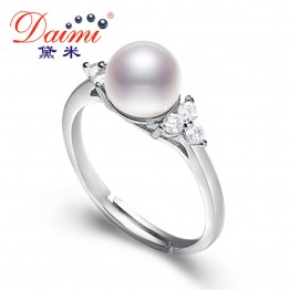 DAIMI Real Pearls Ring 7-8MM White Freshwater Shiny Crystal Silver Jewelry High Quality Gift for Girlfriend