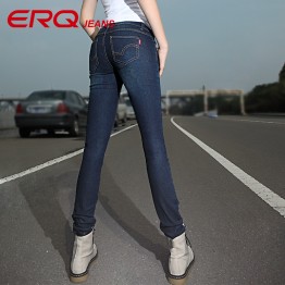 ERQ Women Low-Rise Straight Tapped Jeans Fashion Indigo Skinny Pencil Pants Casual Solid Elastic Trousers & Leggings Girls 90201